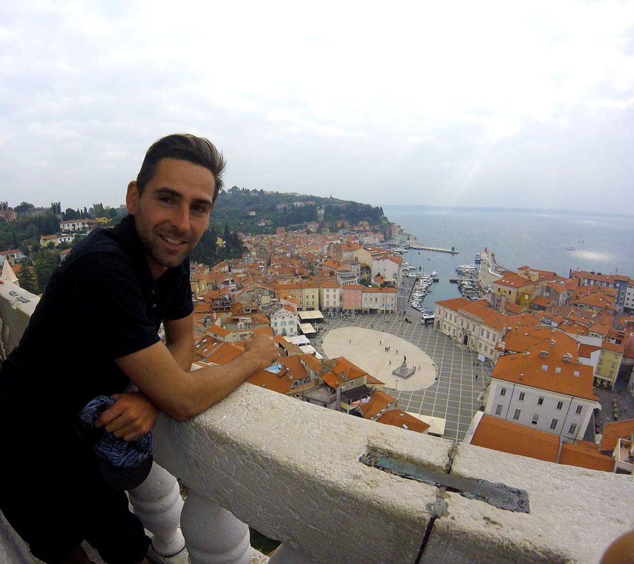 Arthur at the top of the Piran bell tower