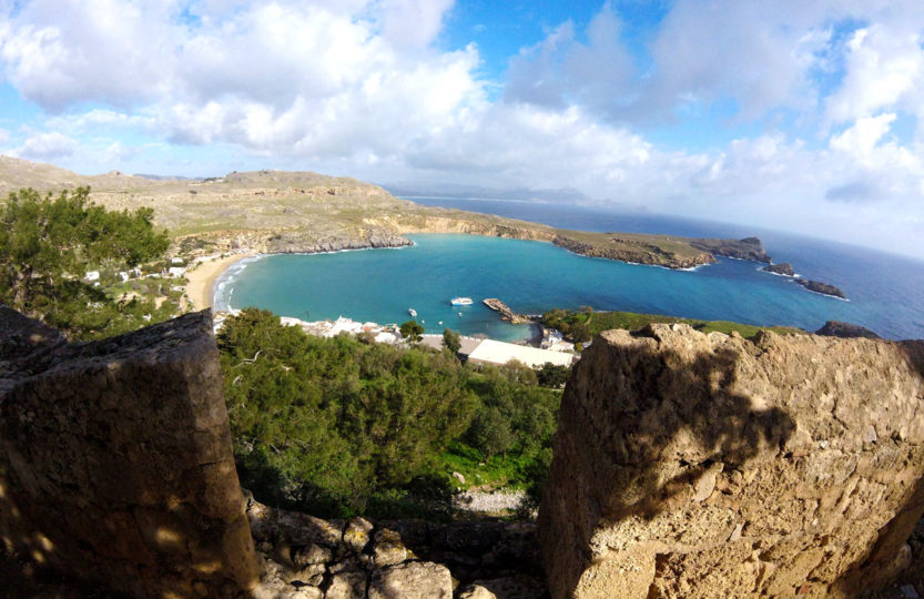 Cycling travel Europe, view from Lindos Acropolis, Rhodes island, Greece.