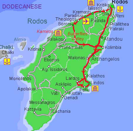 Carte de l'itinéraire parcouru à vélo sur l'île de Rhodes, Grèce, mars 2018. Cycing itinerary map on Rhodes island, Greece, march 2018.