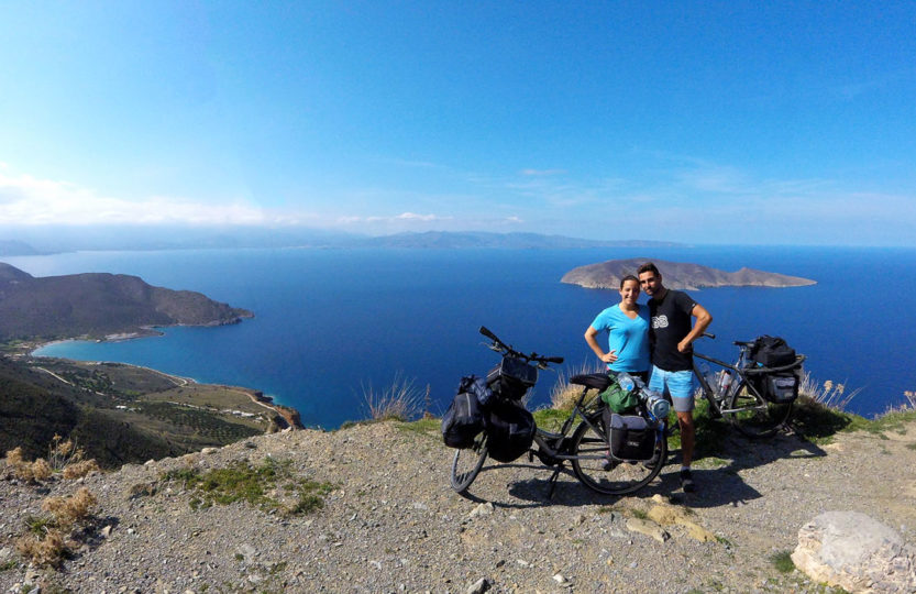 Cycling Europe Greece, on the road towards Sitia, view on Tholos and Psira island, Crete, march 2018.