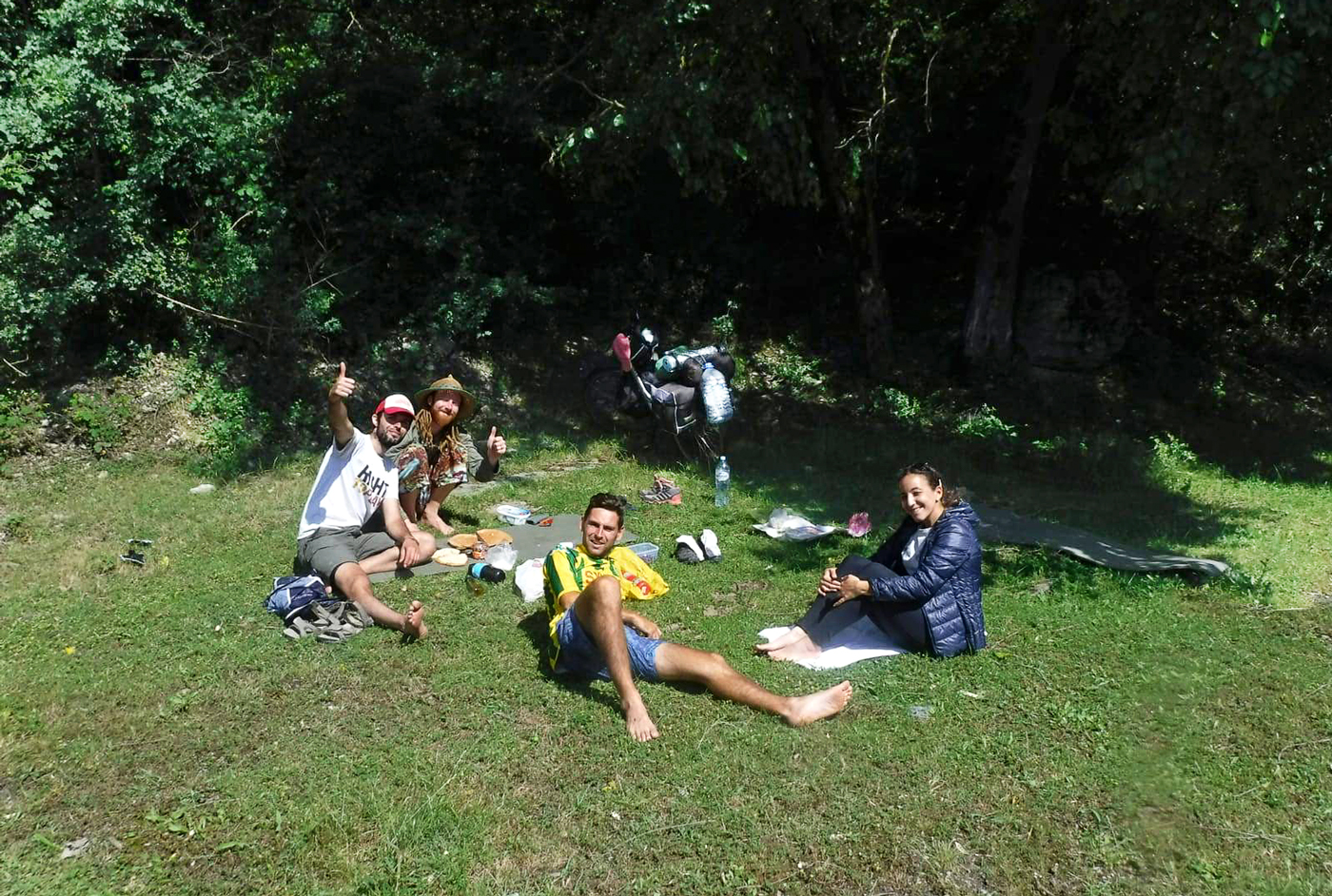 Cycling, Azerbaijan Cycling, crossing the Caucasus region by bike, lunch on the grass after Balakən. Cycling travel, biketouring, cycling Caucasus, cycling Azerbaijan, lunch on the grass near Balakən.